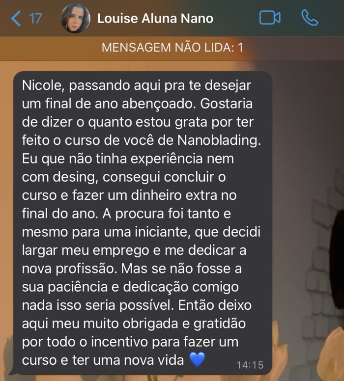 Mensagem da aluna Louise: sem experiência, concluí o curso e decidi me dedicar à nova profissão